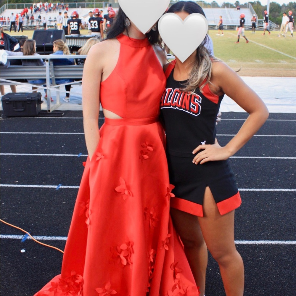 Sherri Hill Vibrant Red Prom Dress with Floral Details